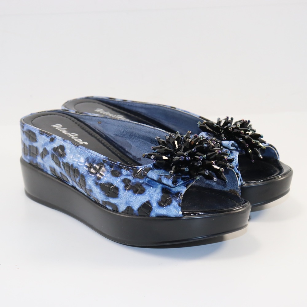 Helen's Heart Platform Slides Womens 9 Blue Animal Print Beaded Wedge Sandals